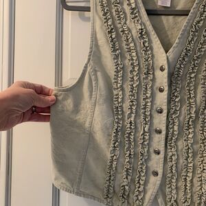 Vtg Susan Bristol vest cottage core floral textured ruffle 80s 90s sage L